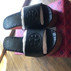 Tory Burch black leather and wooden wedges